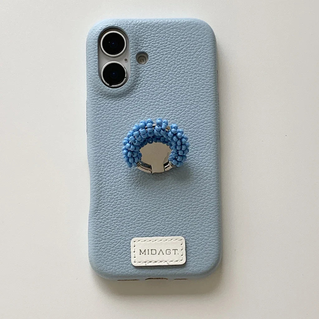 Advanced Solid Color Lichee Pattern Leather Colored Beads Finger Ring Holder Phone Case