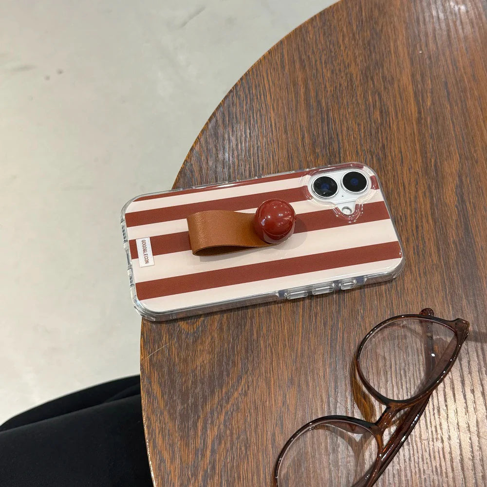 3D Ball Ring Buckle Bracket Leather Texture Simple Stripes Phone Case