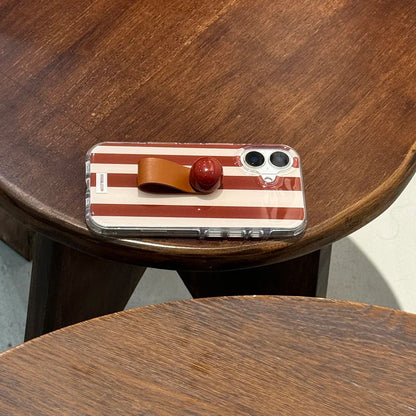 3D Ball Ring Buckle Bracket Leather Texture Simple Stripes Phone Case