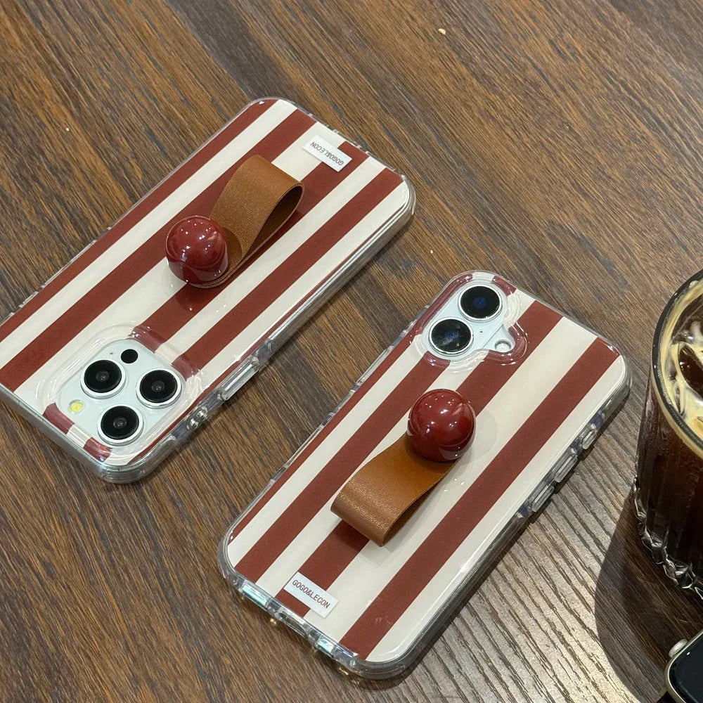 3D Ball Ring Buckle Bracket Leather Texture Simple Stripes Phone Case