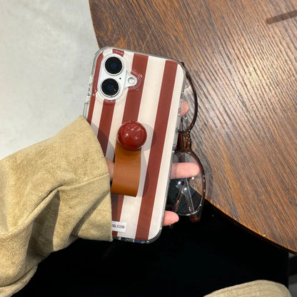 3D Ball Ring Buckle Bracket Leather Texture Simple Stripes Phone Case