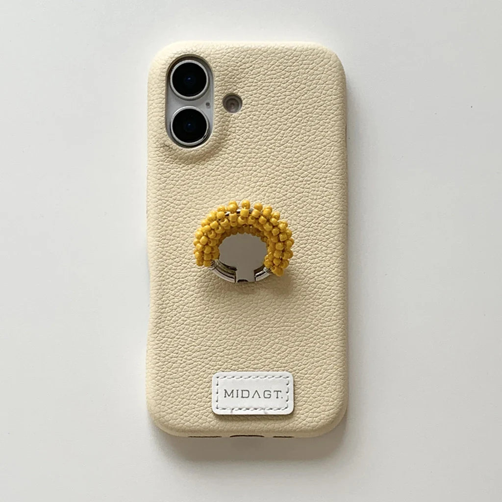 Advanced Solid Color Lichee Pattern Leather Colored Beads Finger Ring Holder Phone Case