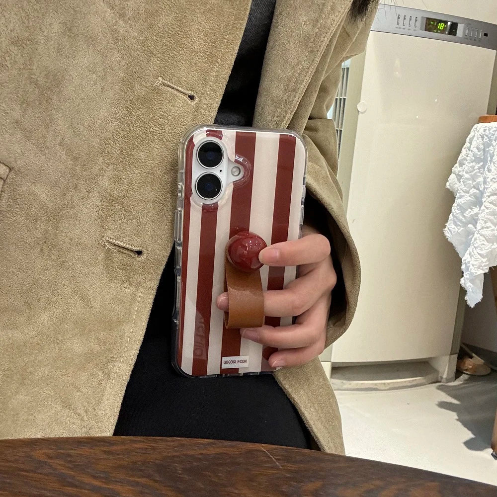 3D Ball Ring Buckle Bracket Leather Texture Simple Stripes Phone Case